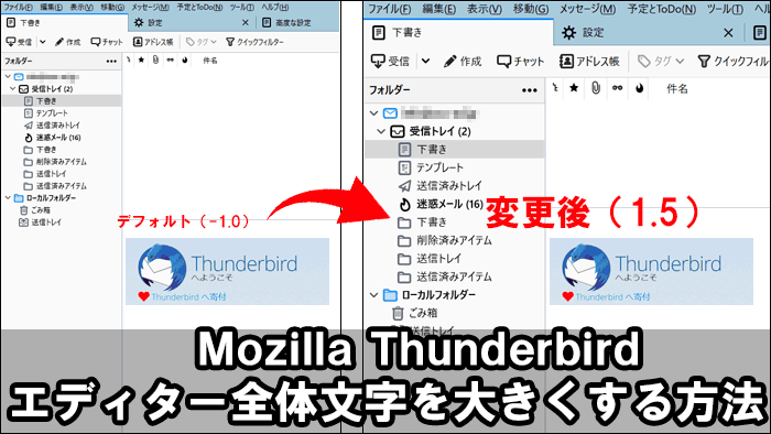 Mozilla Thunderbird メール内容以外 エディターの全体文字を大きくする方法 標準デフォルトが小さくて読みにくい